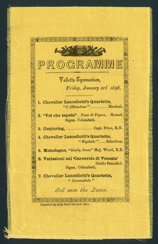 Programm für das Valletta Gymnasium, 3. Januar 1896 (Druck) von English School