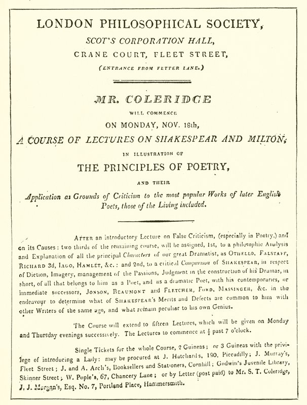 Programm von Coleridges Vorlesungen von 1808 von English School
