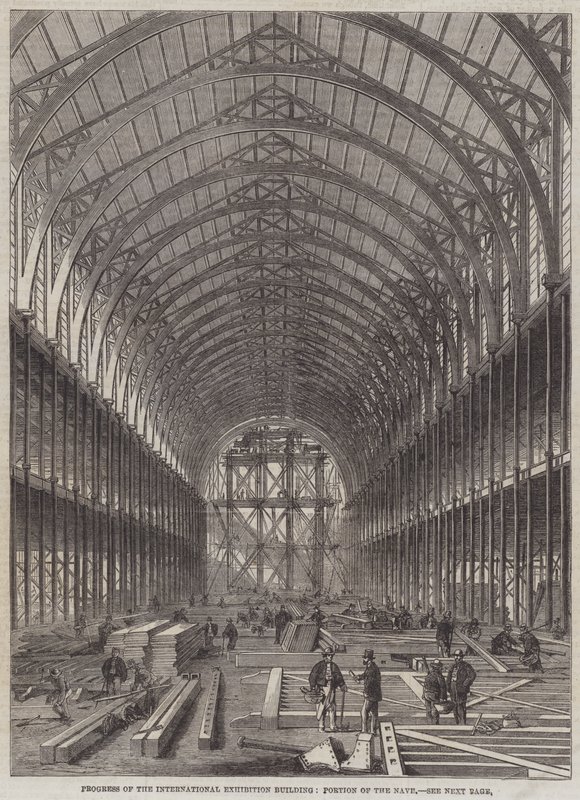 Fortschritt des Internationalen Ausstellungsgebäudes, Teil des Schiffs (Stich) von English School