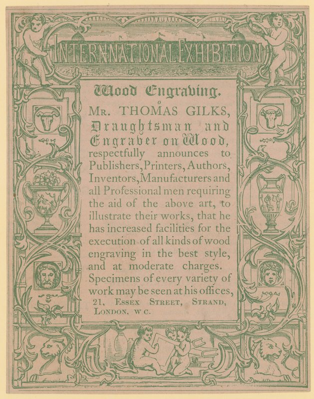 Werbekarte für Thomas Gilks, Zeichner und Holzstecher von English School
