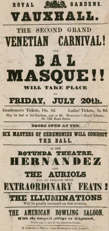 Werbeflyer für den zweiten großen venezianischen Karneval und Bal Masque in den Royal Gardens, Vauxhall, London von English School