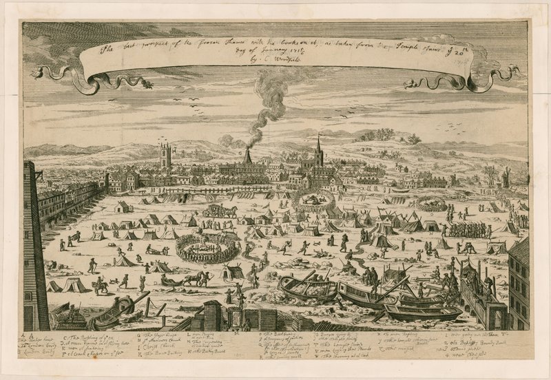 Aussicht auf die gefrorene Themse, aufgenommen von den Temple-Treppen am 20. Januar 1715/16 von English School