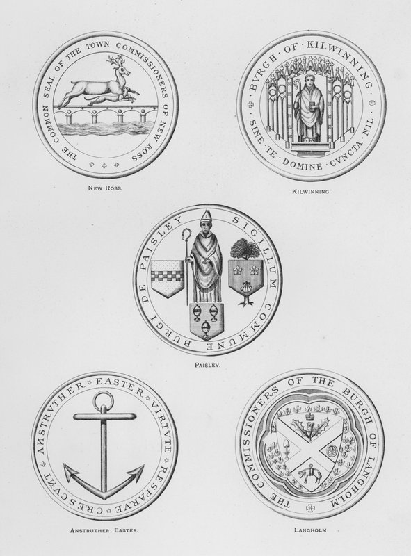 Wappen: New Ross; Kilwinning; Paisley; Anstruther Easter; Langholm von English School