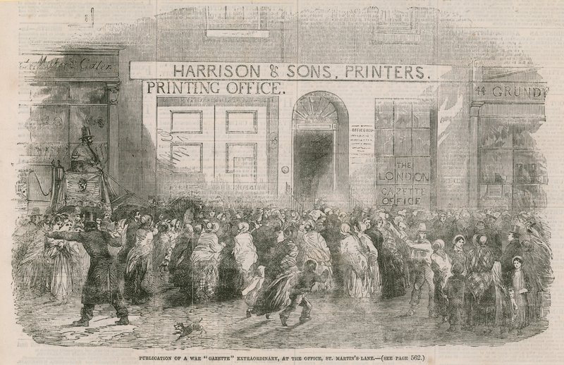 Veröffentlichung einer Kriegsgazette Extraordinär im Büro, St Martins Lane von English School