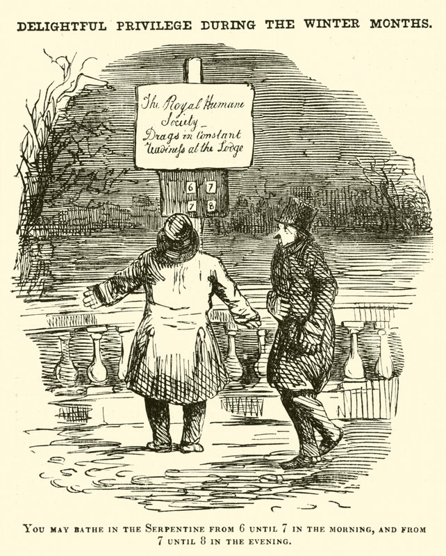 Punch-Karikatur: Schwimmen im Serpentine, Hyde Park, London von English School