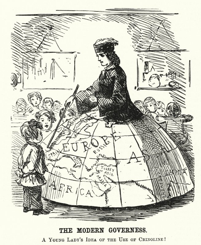 Die moderne Gouvernante - ein weiter Reifrock als Geographie-Lehrmittel (Stich) von English School