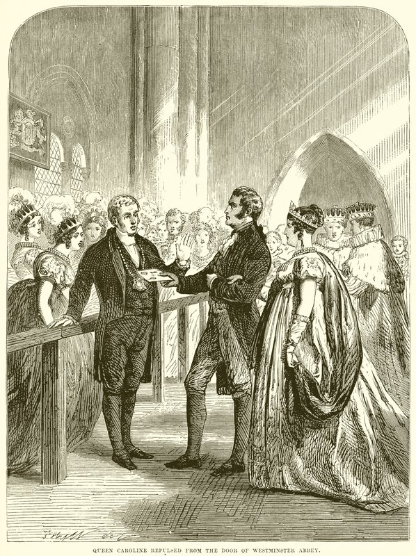 Königin Caroline von der Tür der Westminster Abbey zurückgewiesen von English School
