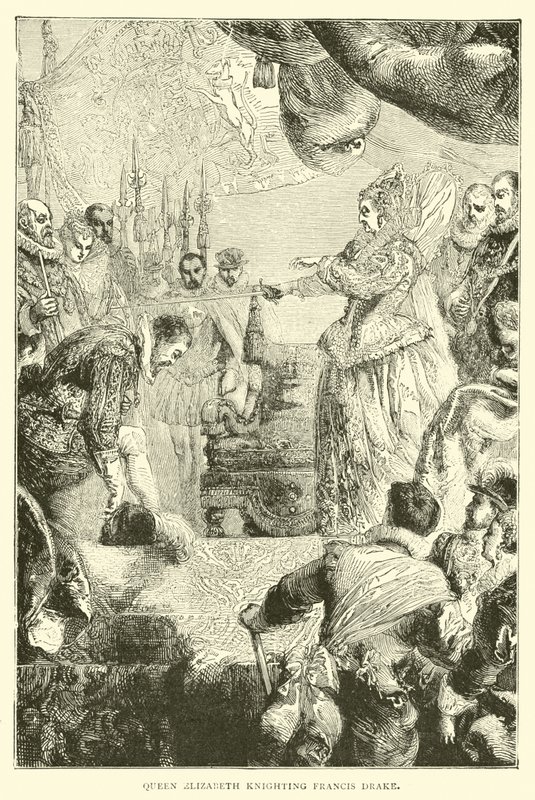 Königin Elisabeth schlägt Francis Drake zum Ritter von English School