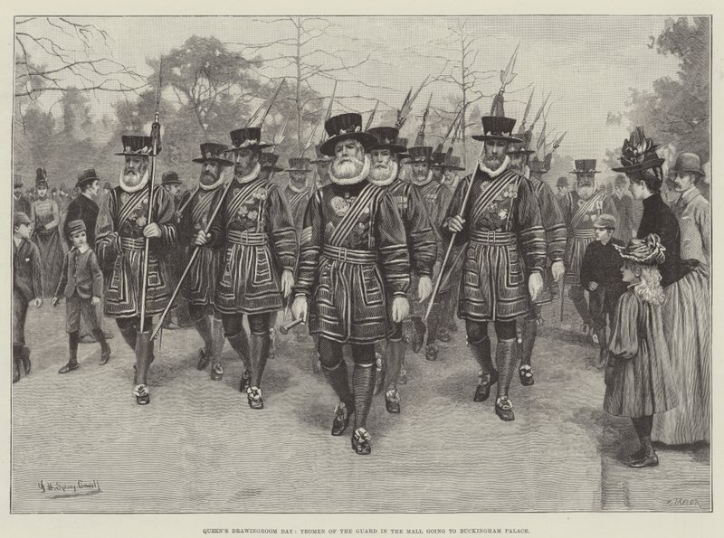 Tag des Empfangs der Königin, Yeomen der Garde im Mall auf dem Weg zum Buckingham Palace von English School