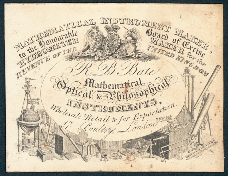 R B Bate, mathematische, optische und philosophische Instrumente, Visitenkarte von English School