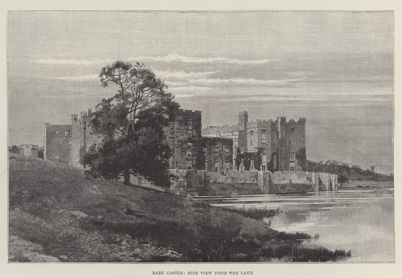 Raby Castle, Seitenansicht vom See (Stich) von English School