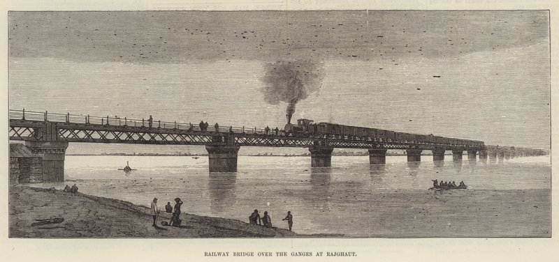 Eisenbahnbrücke über den Ganges bei Rajghaut (Stich) von English School