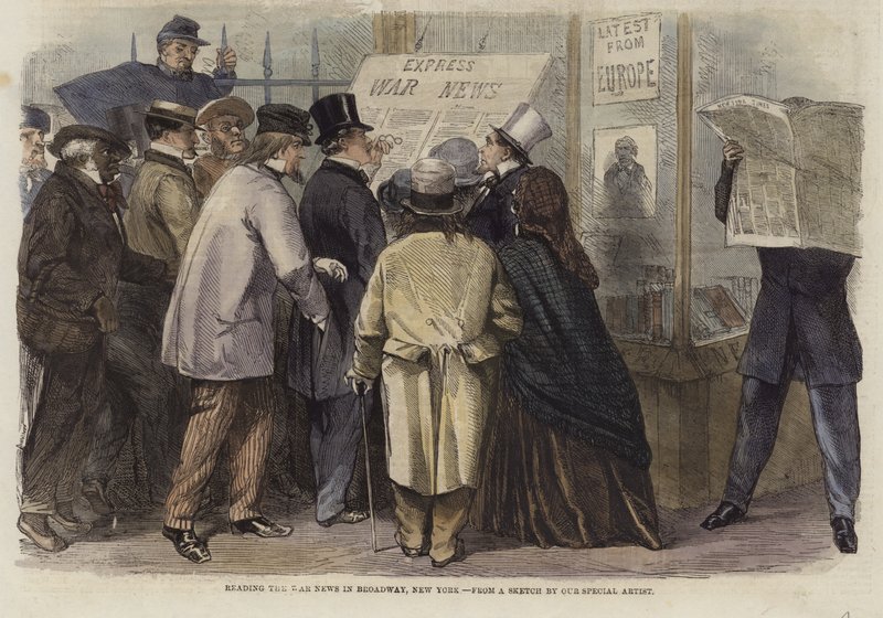 Lesen der Kriegsnachrichten am Broadway, New York von English School