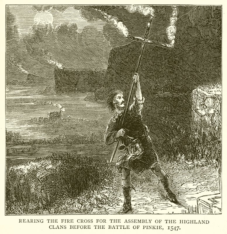 Aufstellen des Feuerkreuzes zur Versammlung der Highland-Clans vor der Schlacht von Pinkie, 1547 von English School