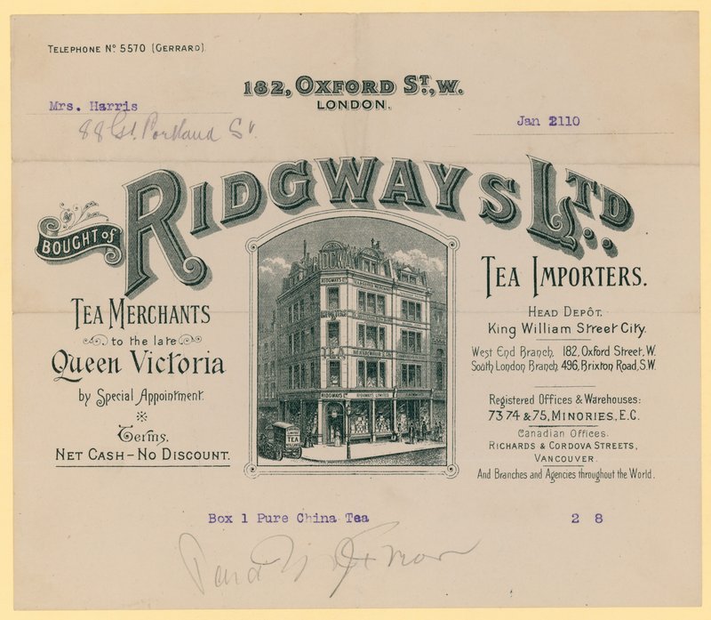 Quittung von Ridgways, Teeimporteure, 182 Oxford Street, London von English School