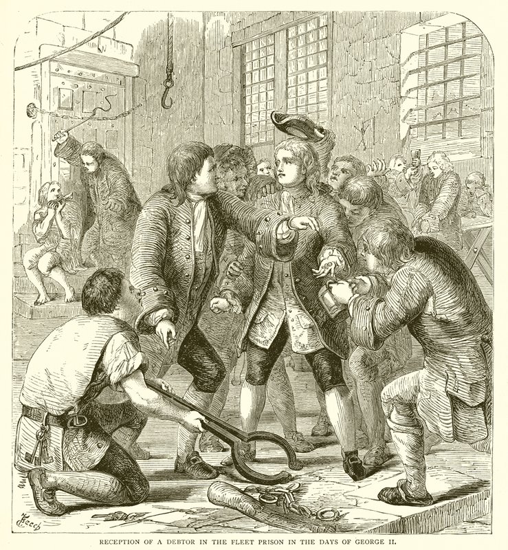 Empfang eines Schuldners im Fleet-Gefängnis zur Zeit von George II von English School