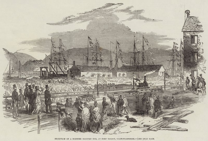 Empfang einer riesigen Eisenbahnbarre in Port Talbot, Glamorganshire von English School