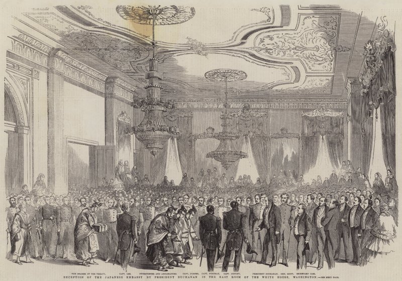 Empfang der japanischen Botschaft durch Präsident Buchanan im Ostzimmer des Weißen Hauses, Washington (Stich) von English School