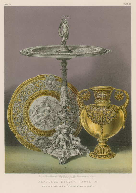 Repoussé-Silbertisch etc. von Messrs Elkington und Co, Birmingham und London von English School