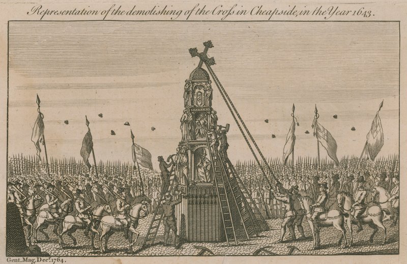 Darstellung des Abrisses des Kreuzes in Cheapside im Jahr 1643 von English School