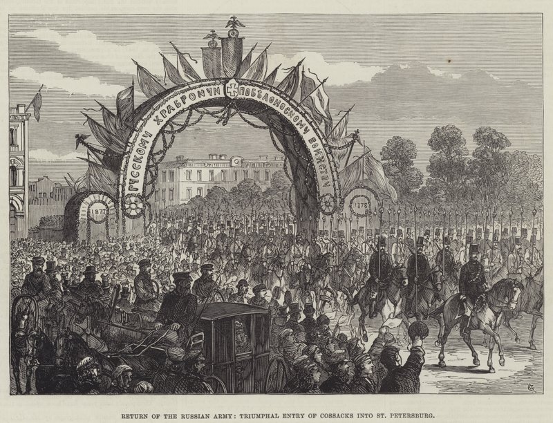 Rückkehr der russischen Armee, Triumphaler Einzug der Kosaken in St. Petersburg (Gravur) von English School