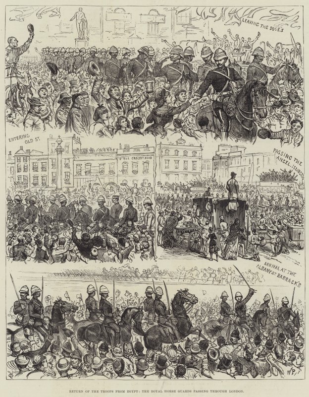 Rückkehr der Truppen aus Ägypten, die königliche Leibgarde zieht durch London (Stich) von English School