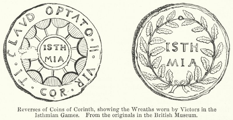 Rückseiten von Münzen aus Korinth, die die Kränze der Sieger der Isthmischen Spiele zeigen (Gravur) von English School