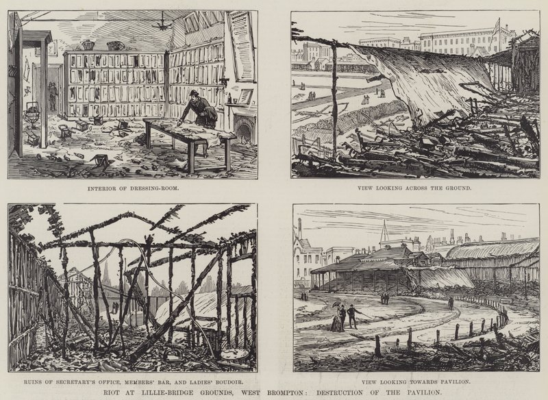 Aufruhr auf dem Lillie-Bridge-Gelände, West Brompton, Zerstörung des Pavillons (Gravur) von English School