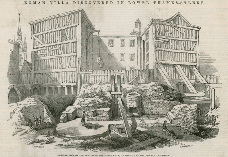 Römische Villa entdeckt in der Lower Thames Street, London: Gesamtansicht der Überreste der römischen Villa auf dem Gelände der neuen Kohlenbörse von English School