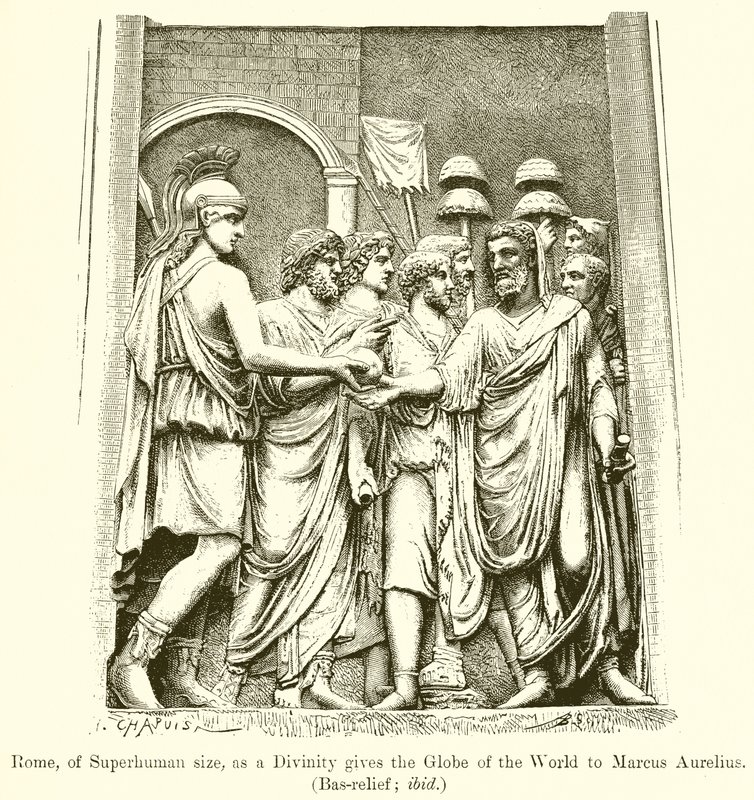 Rom, von übermenschlicher Größe, als Göttin übergibt die Weltkugel an Marcus Aurelius (Basrelief; ebenda) von English School