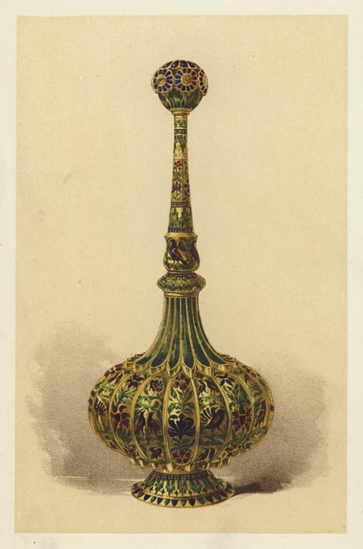 Rosenwasserflasche oder Sprinkler, in Silber vergoldet und emailliert von English School