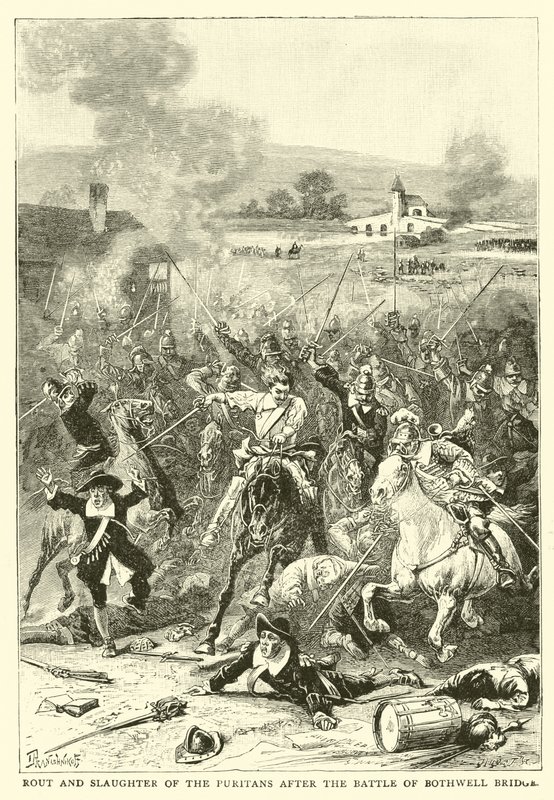 Flucht und Massaker der Puritaner nach der Schlacht von Bothwell Bridge von English School