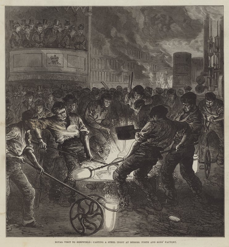 Königlicher Besuch in Sheffield, Gießen eines Stahlblocks in der Fabrik von Messers Firth und Söhne (Stich) von English School