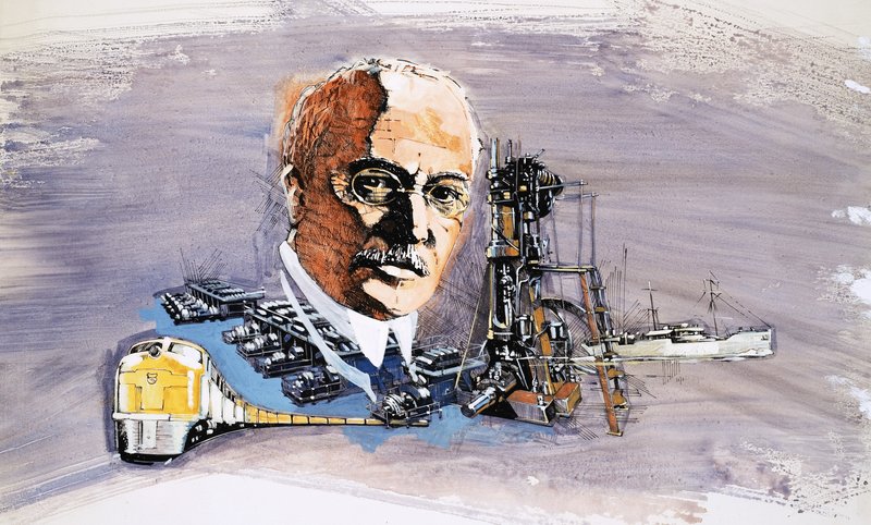 Rudolf Diesel vor dem Hintergrund von Zügen, Booten und Docks von English School
