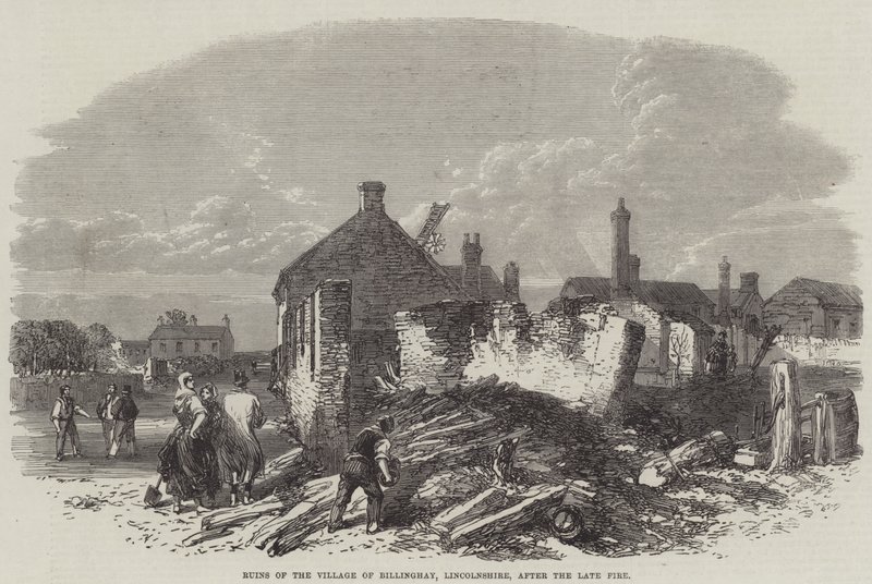 Ruinen des Dorfes Billinghay, Lincolnshire, nach dem letzten Feuer (Stich) von English School