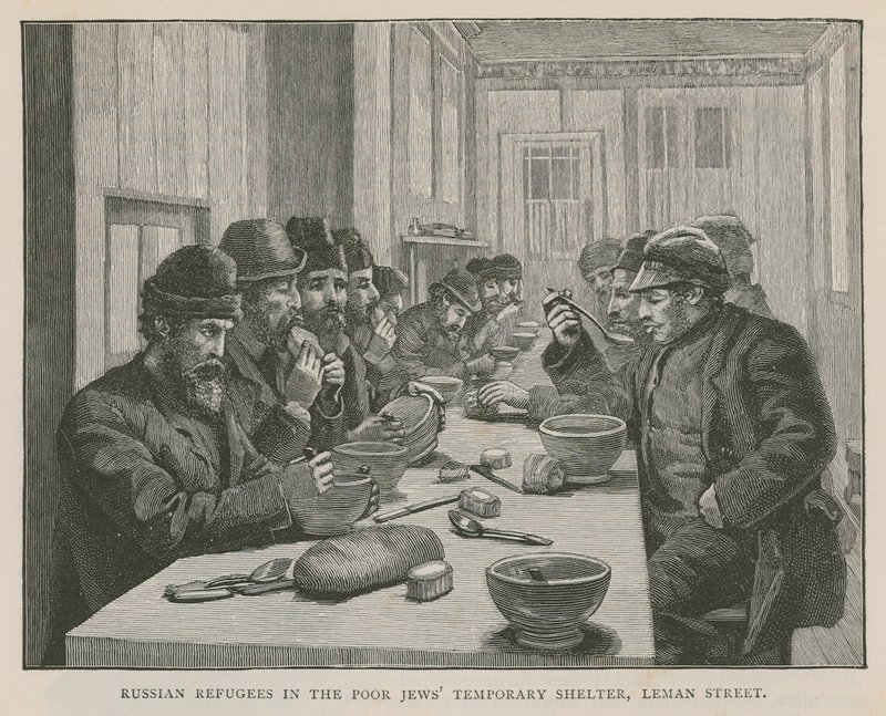 Russische Flüchtlinge im vorübergehenden Schutzraum für arme Juden, Leman Street, London von English School