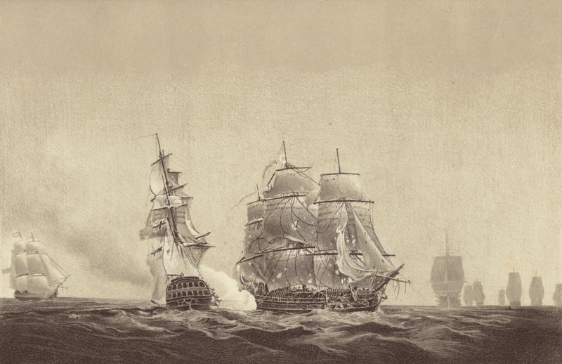 Russisches Schiff Vsevolod streicht ihre Farben vor der HMS Implacable, angegliedert an die schwedische Marine und kommandiert von Kapitän Thomas Byam Martin, in der Ostsee, 26. August 1808 von English School