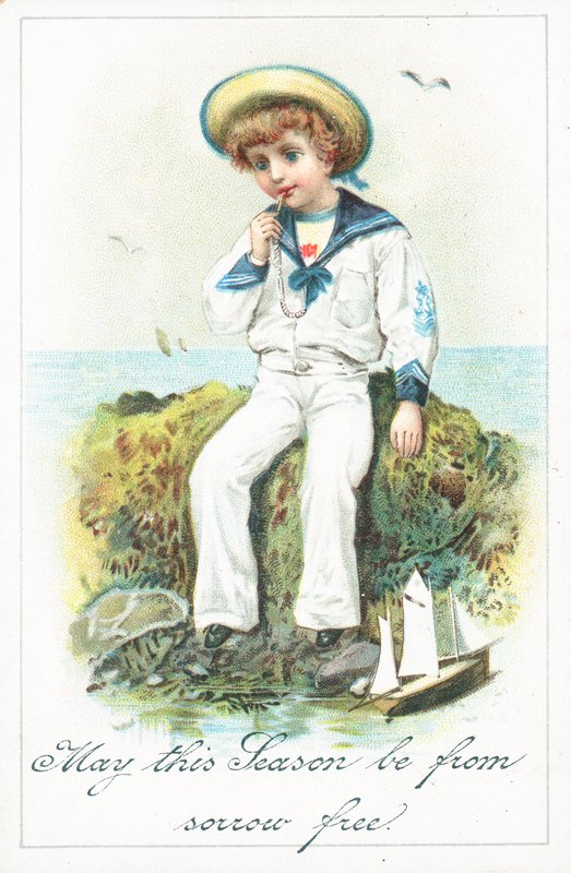 Matrosenjunge sitzt auf Felsen, Weihnachtskarte von English School