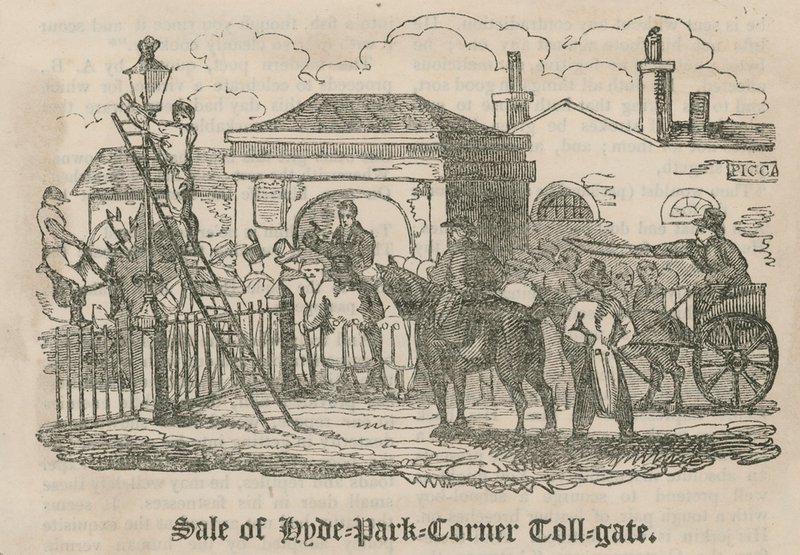 Verkauf des Mauttors (Hyde Park Turnpike), Hyde Park Corner, London von English School