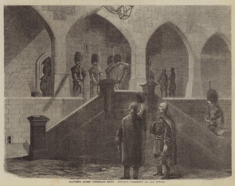Begrüßung der Schlüssel von Königin Victoria, alte Zeremonie im Tower von English School