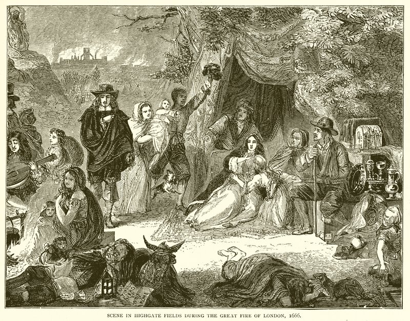 Szene in den Highgate-Feldern während des Großen Brandes von London, 1666 von English School
