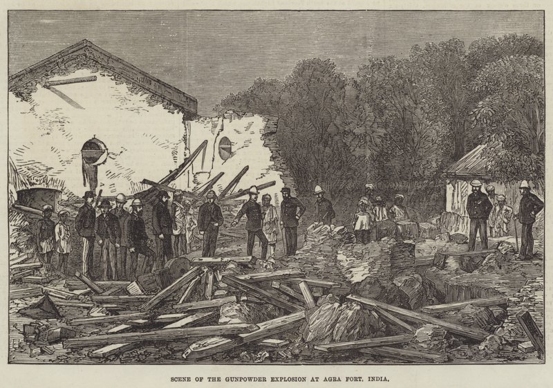 Szene der Pulverexplosion im Fort Agra, Indien (Stich) von English School