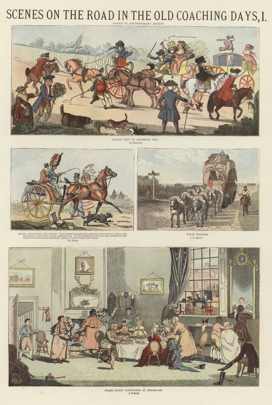 Szenen auf der Straße in den alten Kutschertagen von English School