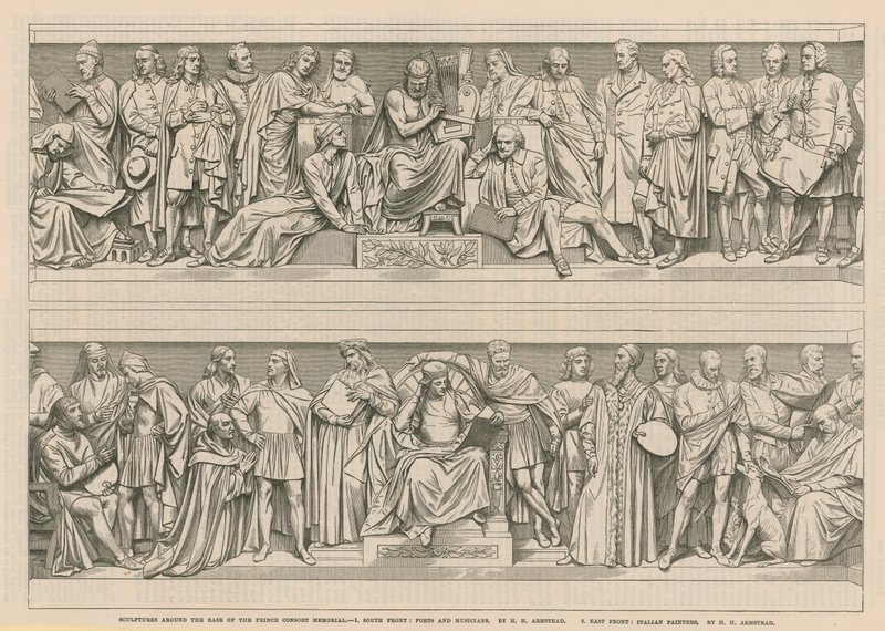 Skulpturen um die Basis des Prince Consort Memorial (Stich) von English School