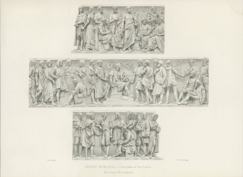 Skulpturen auf dem Podium des Albert Memorial (Gravur) von English School