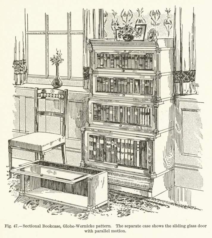 Sektionales Bücherregal, Globe-Wernicke-Muster, das separate Fach zeigt die Schiebetür aus Glas mit Parallelbewegung von English School
