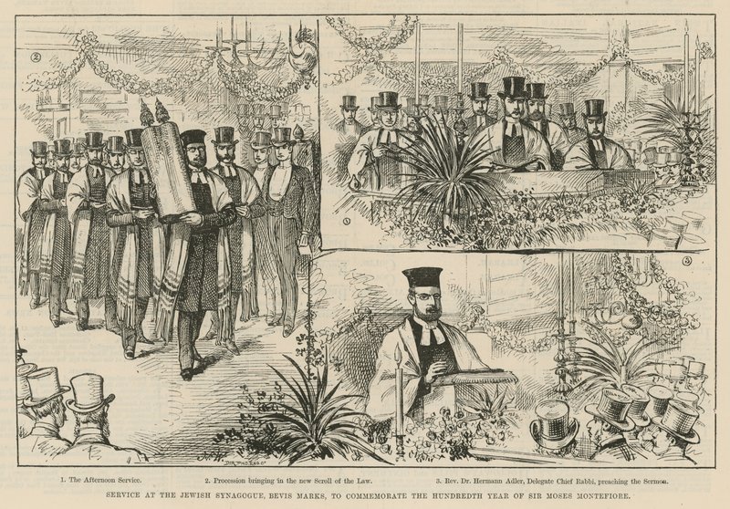 Gottesdienst in der jüdischen Synagoge, Bevis Marks, zur Feier des hundertsten Jahres von Sir Moses Montefiore von English School