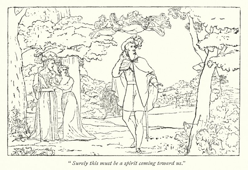 Shakespeares Der Sturm; Ferdinand wird von Ariels Lied geführt (Gravur) von English School