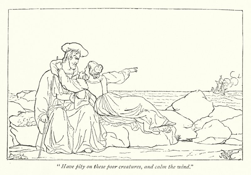 Shakespeares Der Sturm; Miranda bittet ihren Vater, den Wind zu beruhigen (Gravur) von English School