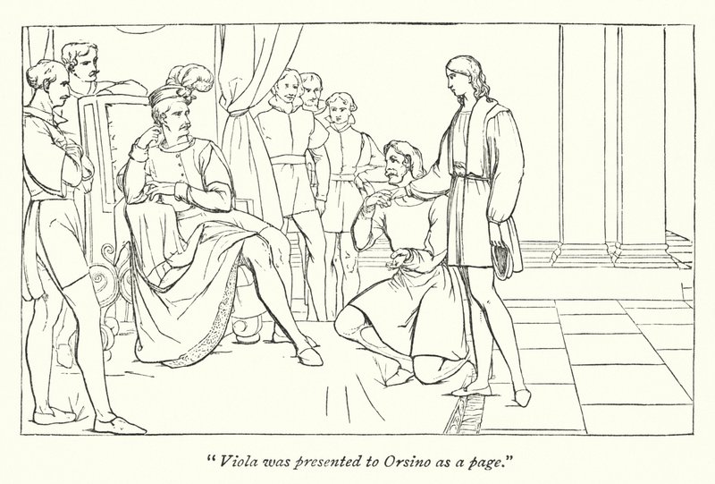 Shakespeares Was ihr wollt; Der Hauptmann stellt Viola Orsino vor von English School